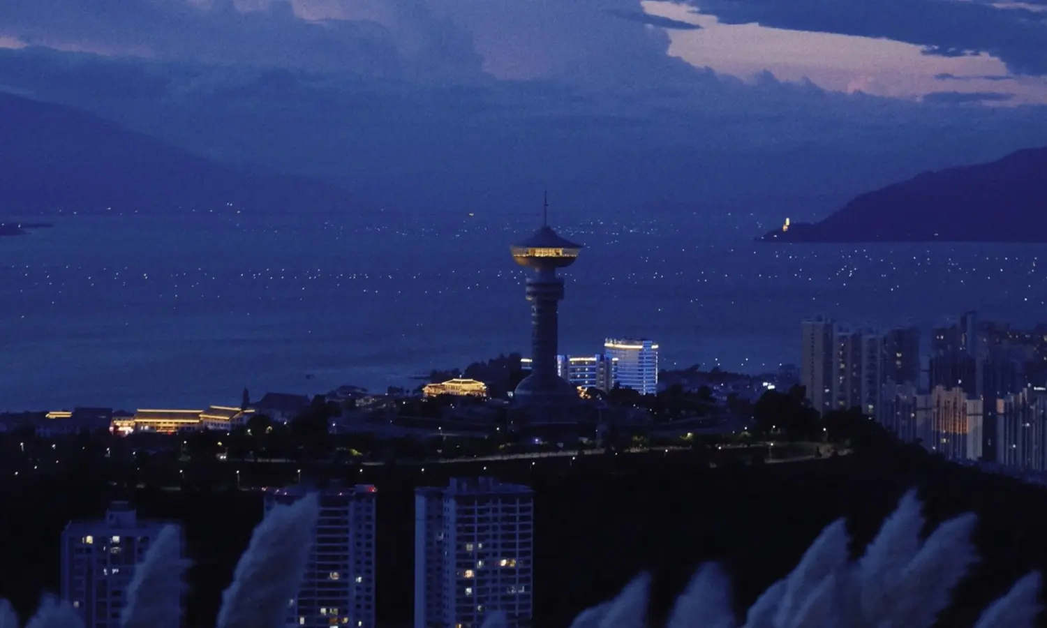 Dali city and Erhai fishing lights at night