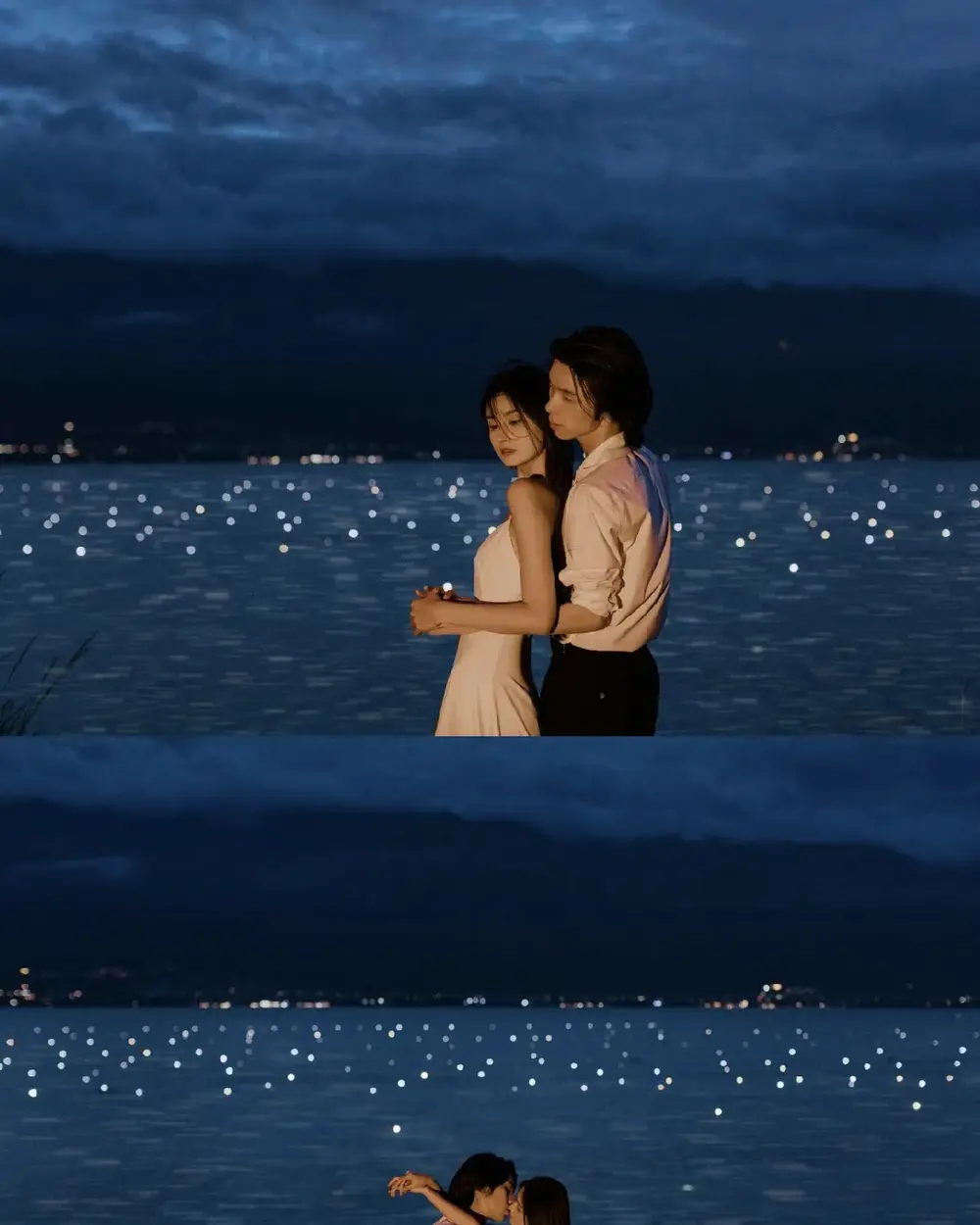 A couple photographed beside Erhai Lake and the fishing lights